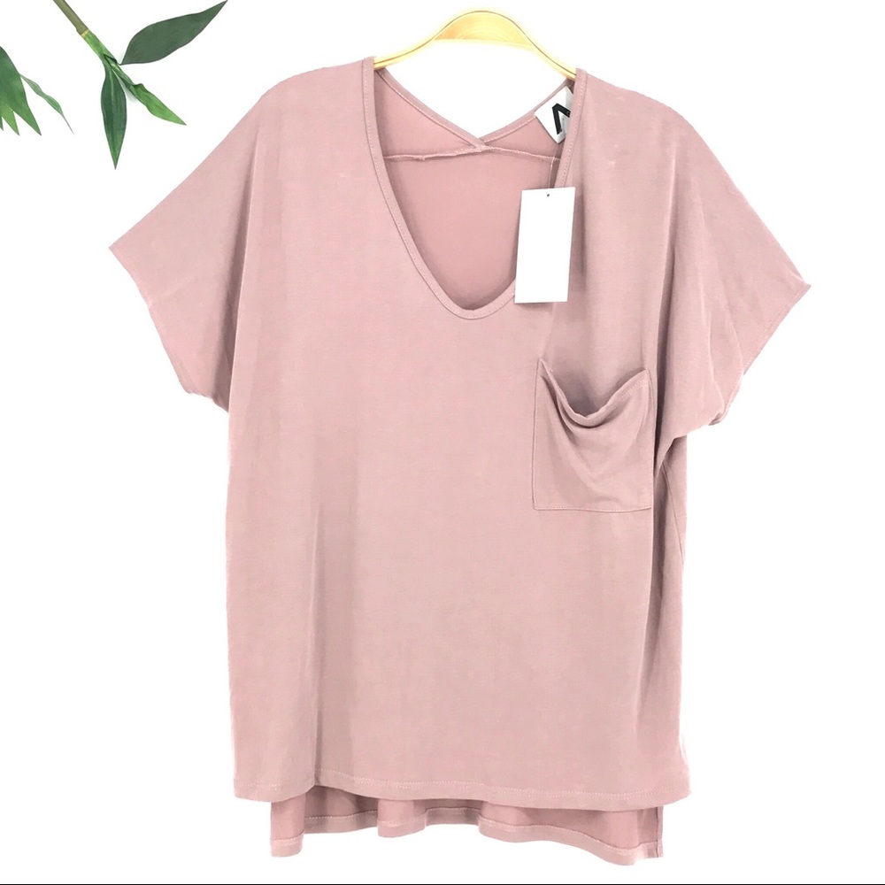 New COA Luxurious Soft V-neck Chest Pocket Relaxed T-Shirt in Dusty Rose Pink